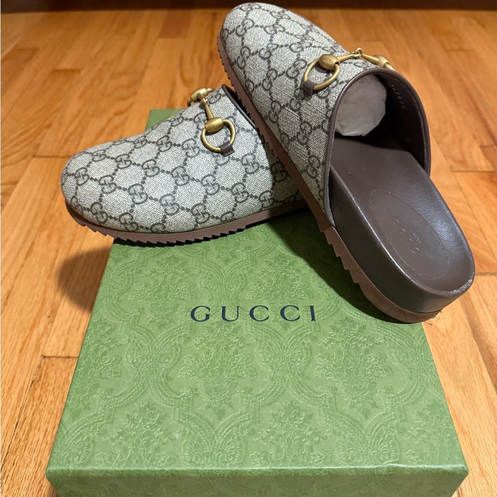 Gucci Beige Monogram Slip-On Mules with Gold Detail